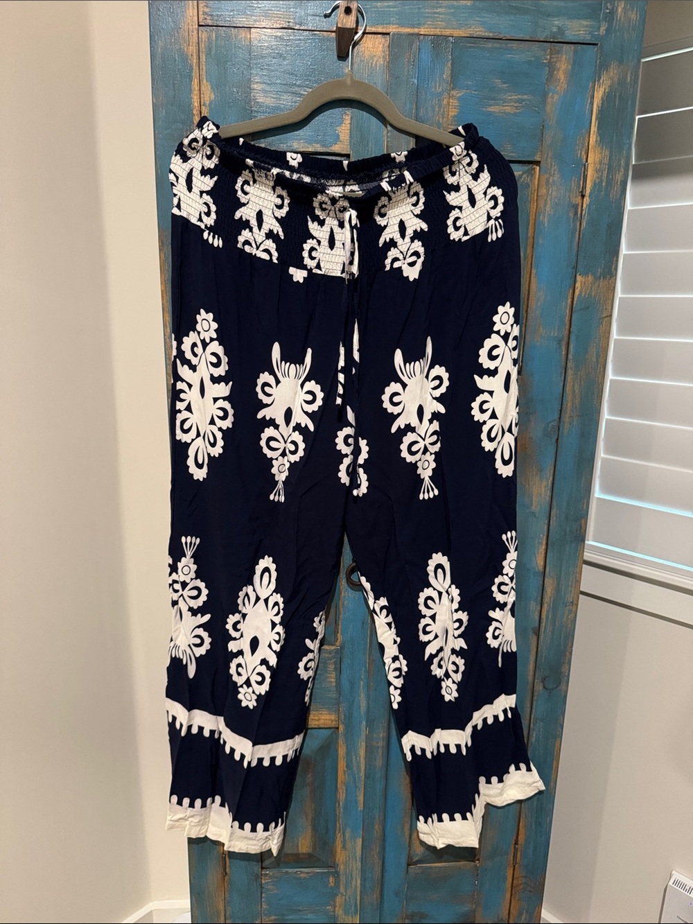 Navy & White Printed Elastic Waist Pants